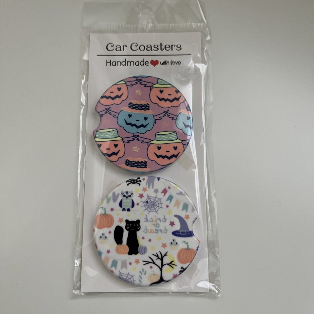 Custom Heat Printed Car Coasters Halloween Fall Designs Set Of 2